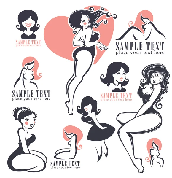 Vector collection of pinup girls illustration and logo — Stock Vector