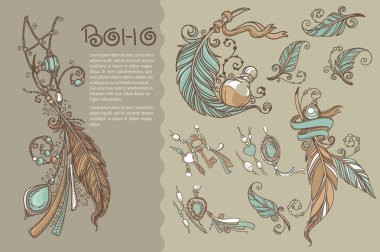 Boho chic, vektör elle çizilmiş öğeleri koleksiyonu