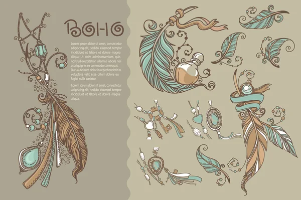 Boho chic, colección de elementos vectoriales dibujados a mano — Vector de stock