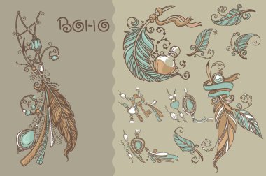 Boho chic, vektör elle çizilmiş öğeleri koleksiyonu