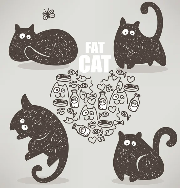 Tlustá kočka, doodle vektorové kolekce — Stockový vektor
