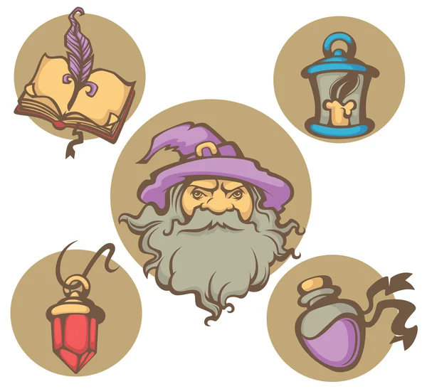 Wizard portret en magie objecten vector collectie — Stockvector