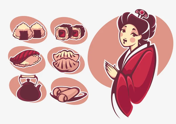 Colección vectorial de símbolos de comida japonesa — Vector de stock