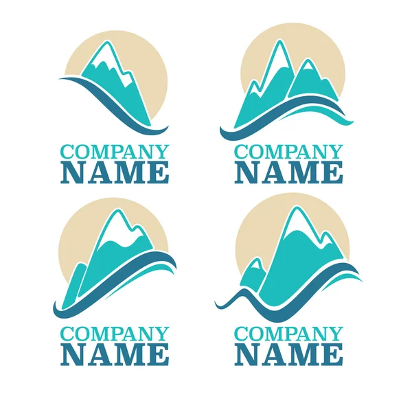 Vista a la montaña, logotipo y emblemas de picos altos — Vector de stock