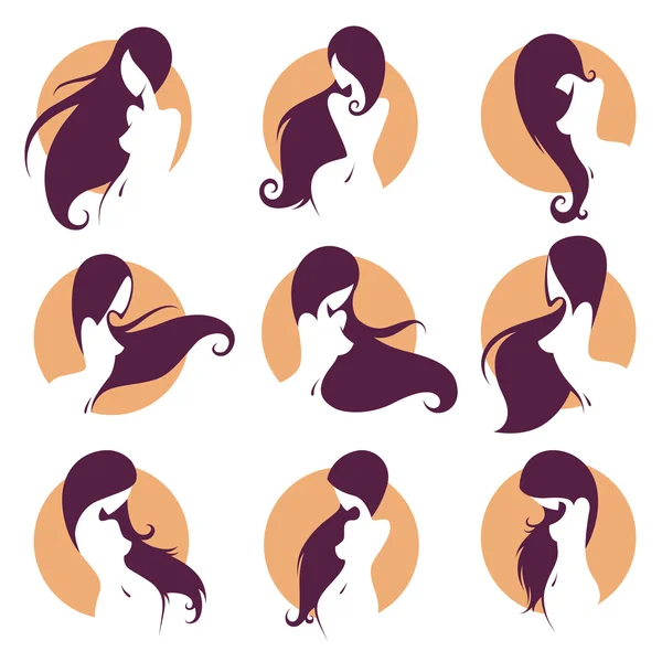 Mujer hermosa con el pelo largo, emblemas de vectores — Vector de stock