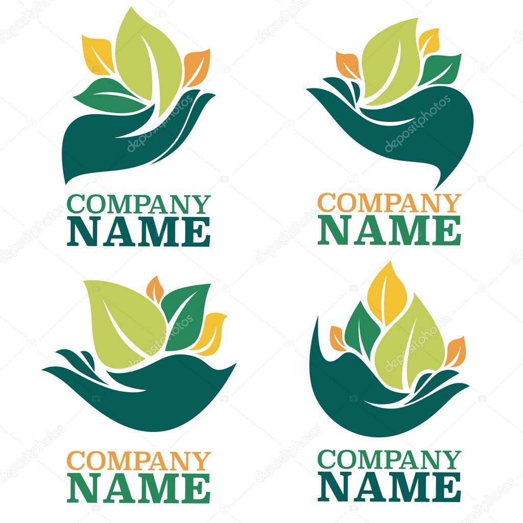 Vector collection of ecological symbols and logo, human's hands and green growing plants