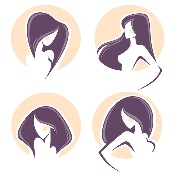 Beautiful woman with long hair, vector emblems and logo — Stock Vector