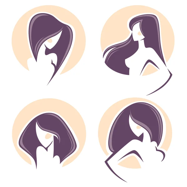 Mooie vrouw met lang haar, vector emblemen en logo — Stockvector