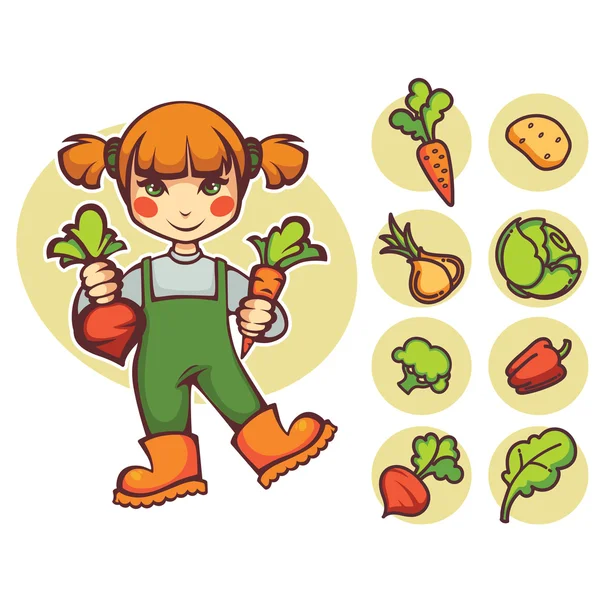 少し農場の少女と落書きの野菜イメージ — ストックベクタ