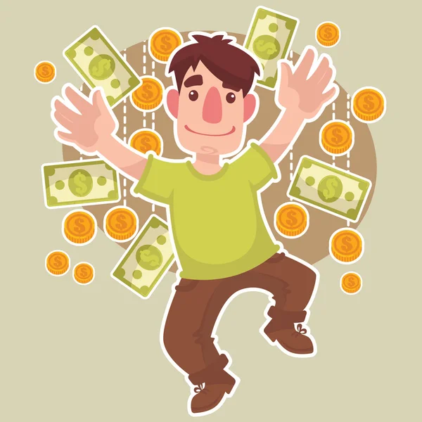 Szczęśliwy kreskówka mężczyzna i pieniądze deszcz — Wektor stockowy