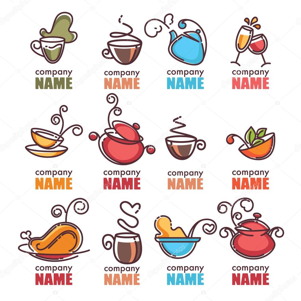 Linear vector collection of cooking equipment and food symbols and logo