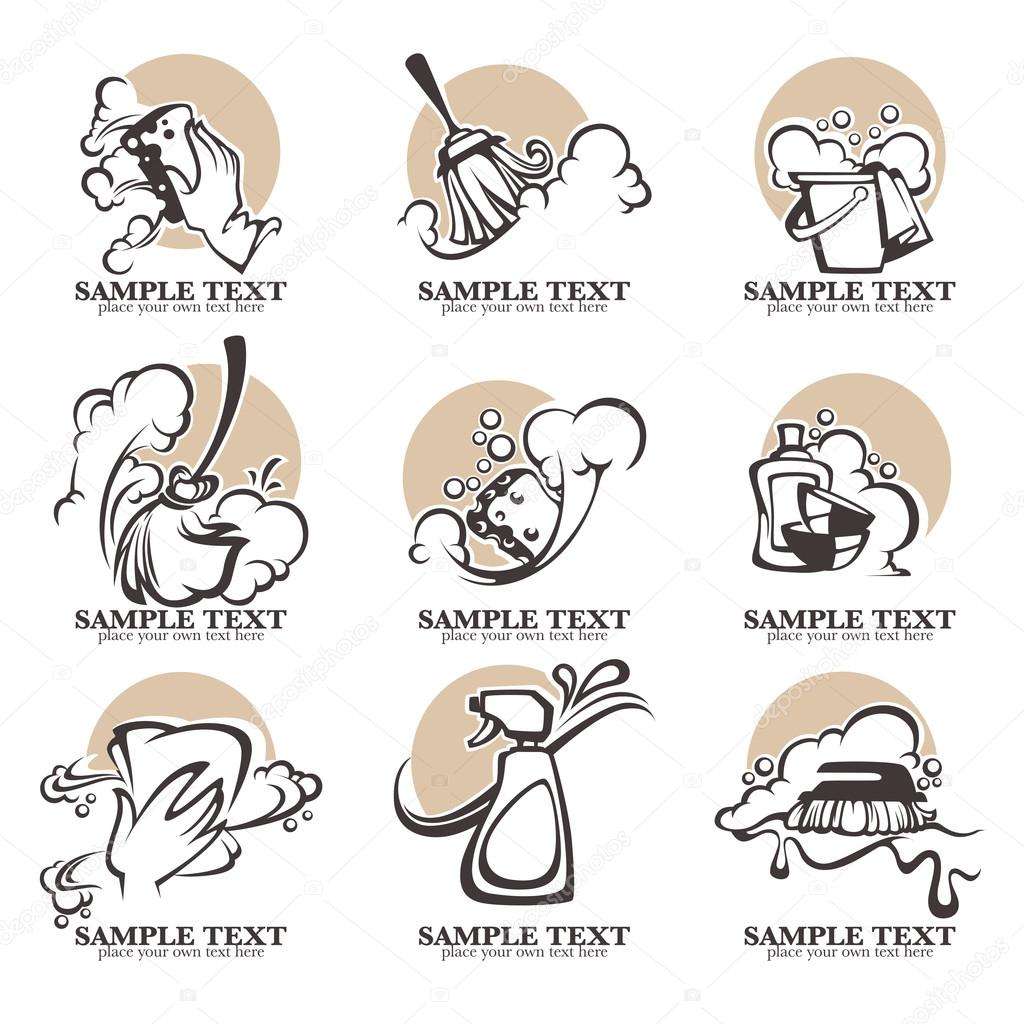 Cleaning, washing, sweeping and chamberwork, vectoe emblem, logo and symbols collection