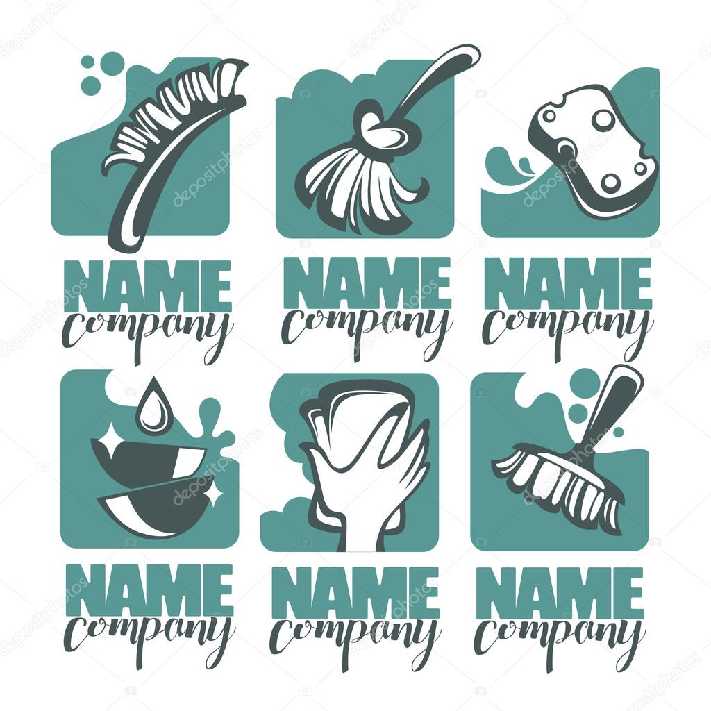 Cleaning, washing, sweeping and chamberwork, vector emblem, logo and symbols collection