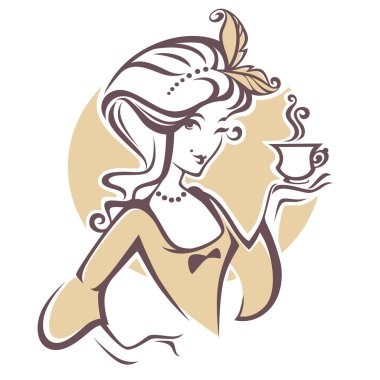 fincan çay, restourant, kafe veya t logo ile tarihi kadın