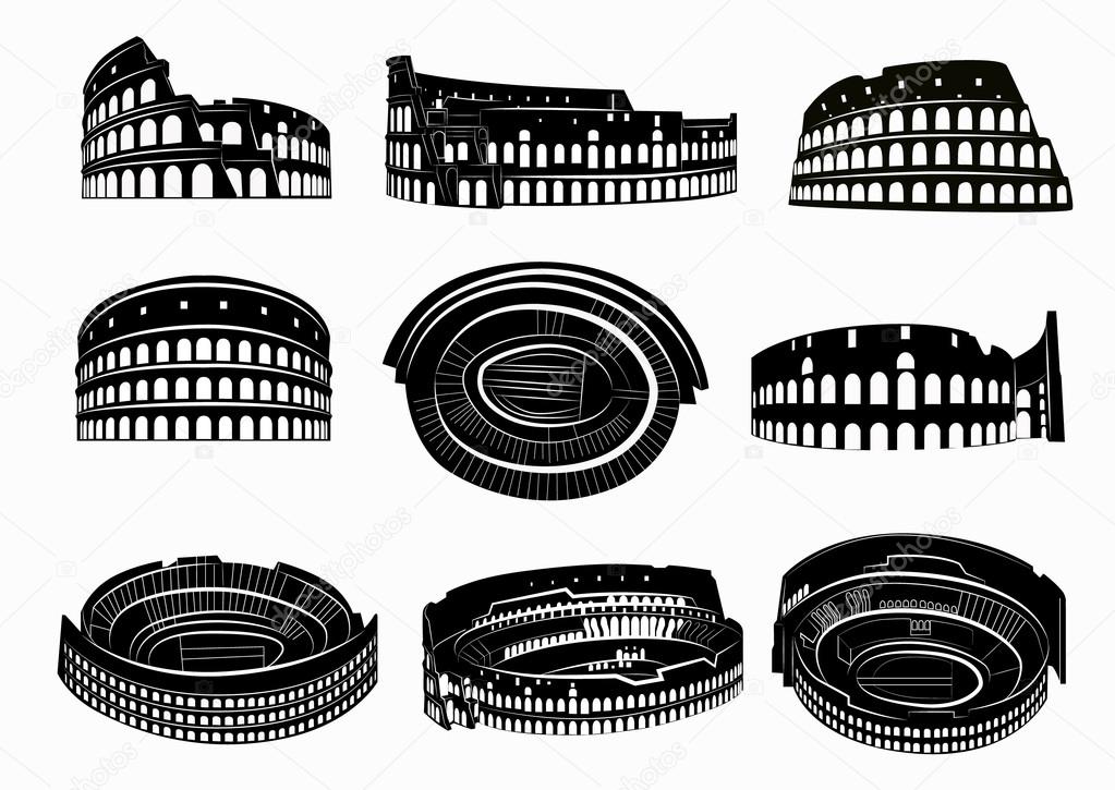 Different views of roman Colosseum. Silhouettes of Colosseum. Rome, Italy.