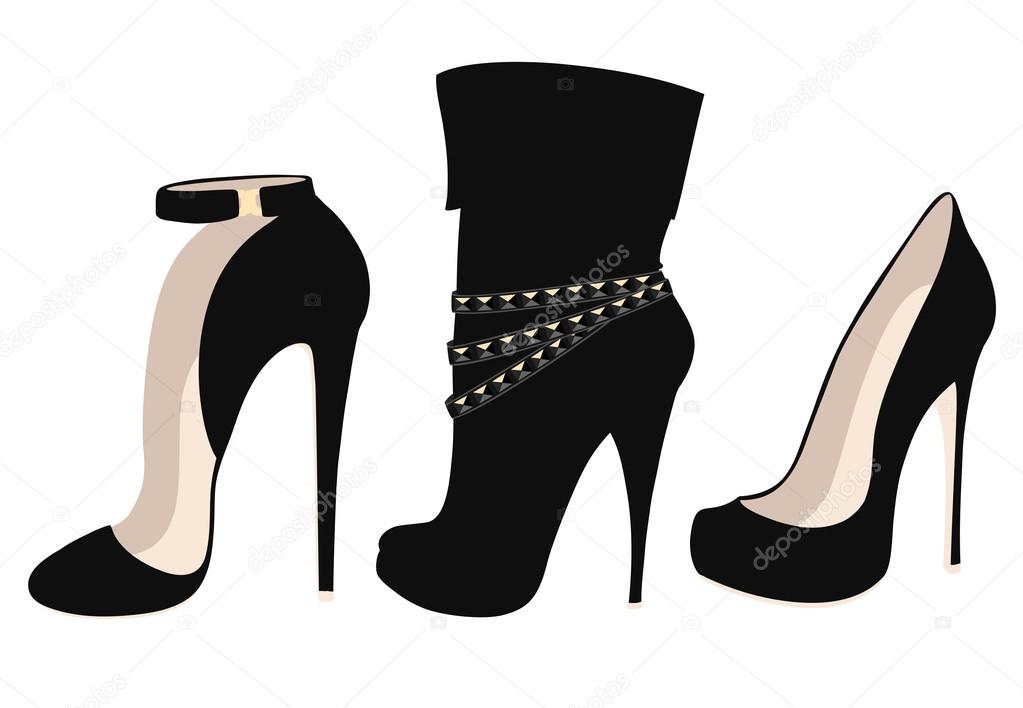 Set of fashionable black high heel shoes