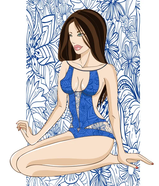 Brünette Frau im blau gemusterten Bikini auf floralem Hintergrund — Stockvektor