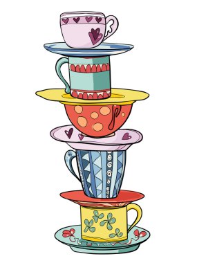 Parlak renkli komik bardak ve tabaklar yığını