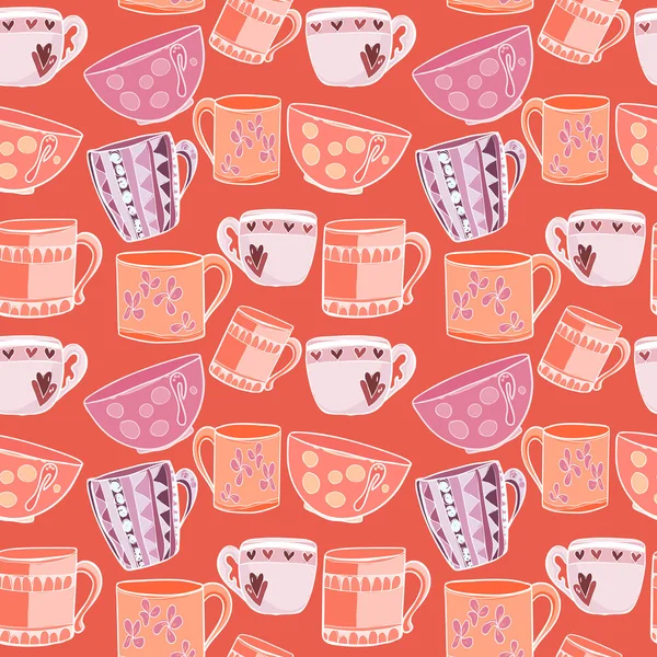 Funny pattern with multi-colored cups on a red background — Stock Vector