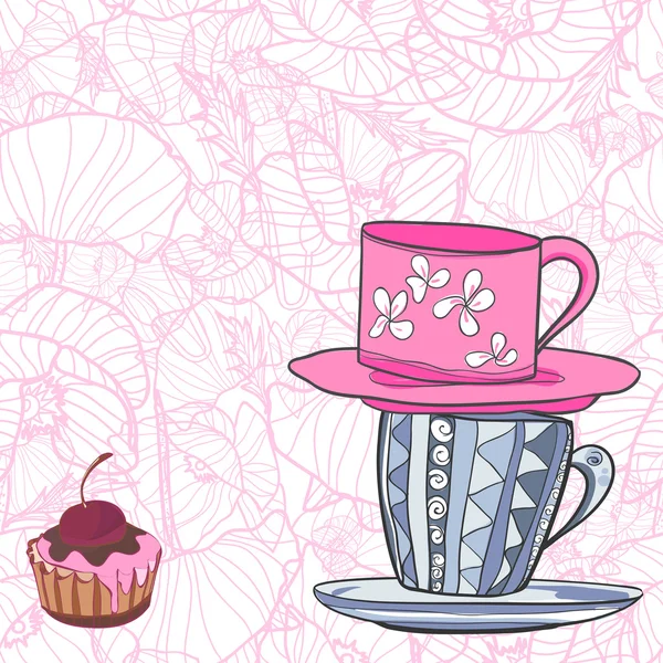 Twee kopjes met patronen en cupcake met cherry — Stockvector