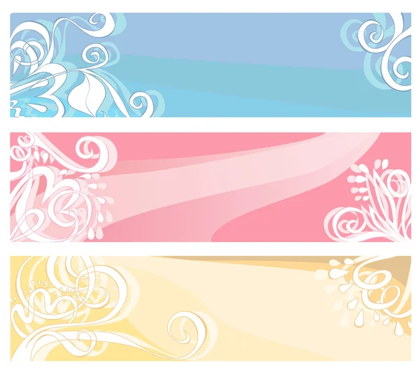 Banners em cores pastel com elementos florais e redemoinhos — Vetor de Stock