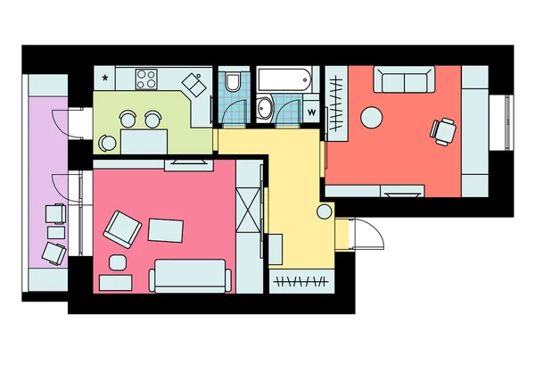 Der Plan der Anordnung der Möbel der Einzimmerwohnung mit — Stockvektor