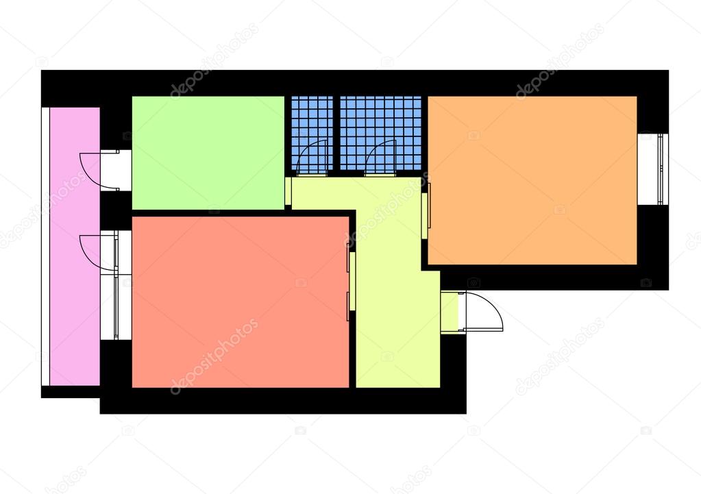Plattegrond appartement met een slaapkamer in felle kleuren ... Plattegrond appartement met een slaapkamer in felle kleuren ...