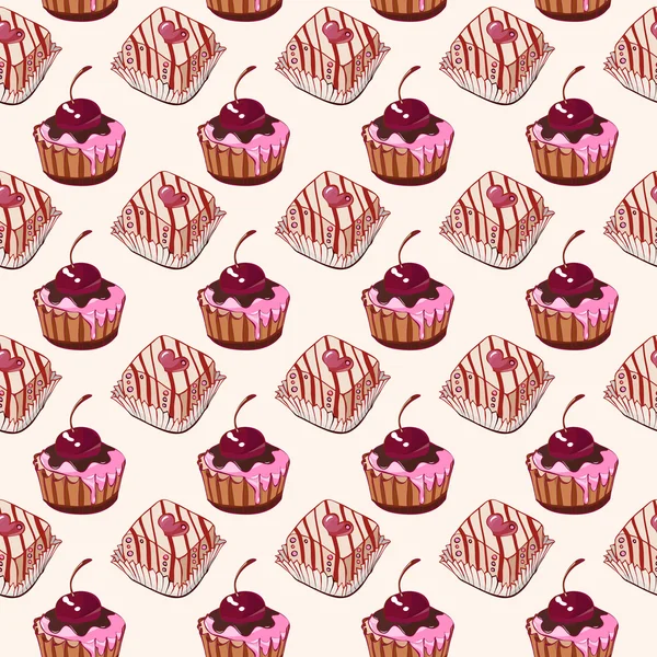 Безшовний візерунок з солодкими тортами та кексами з вишнями — стоковий вектор