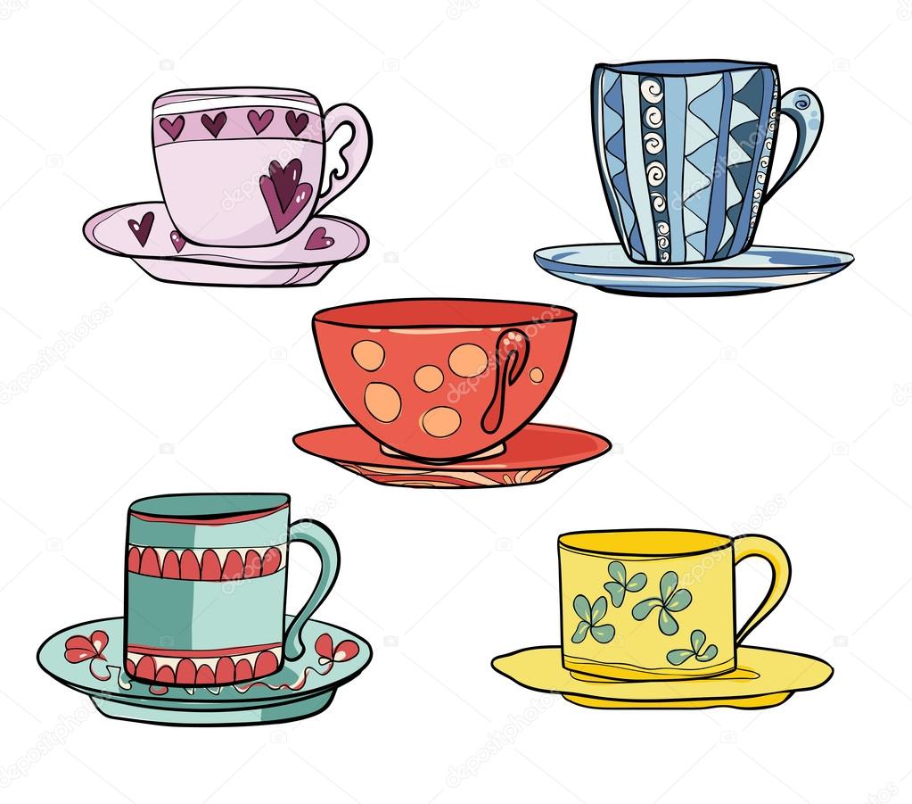 Set of beautiful multi colored bright cups with saucers