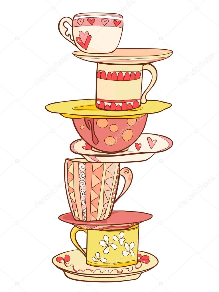 A stack of beautiful cups and mugs with saucers in warm colors