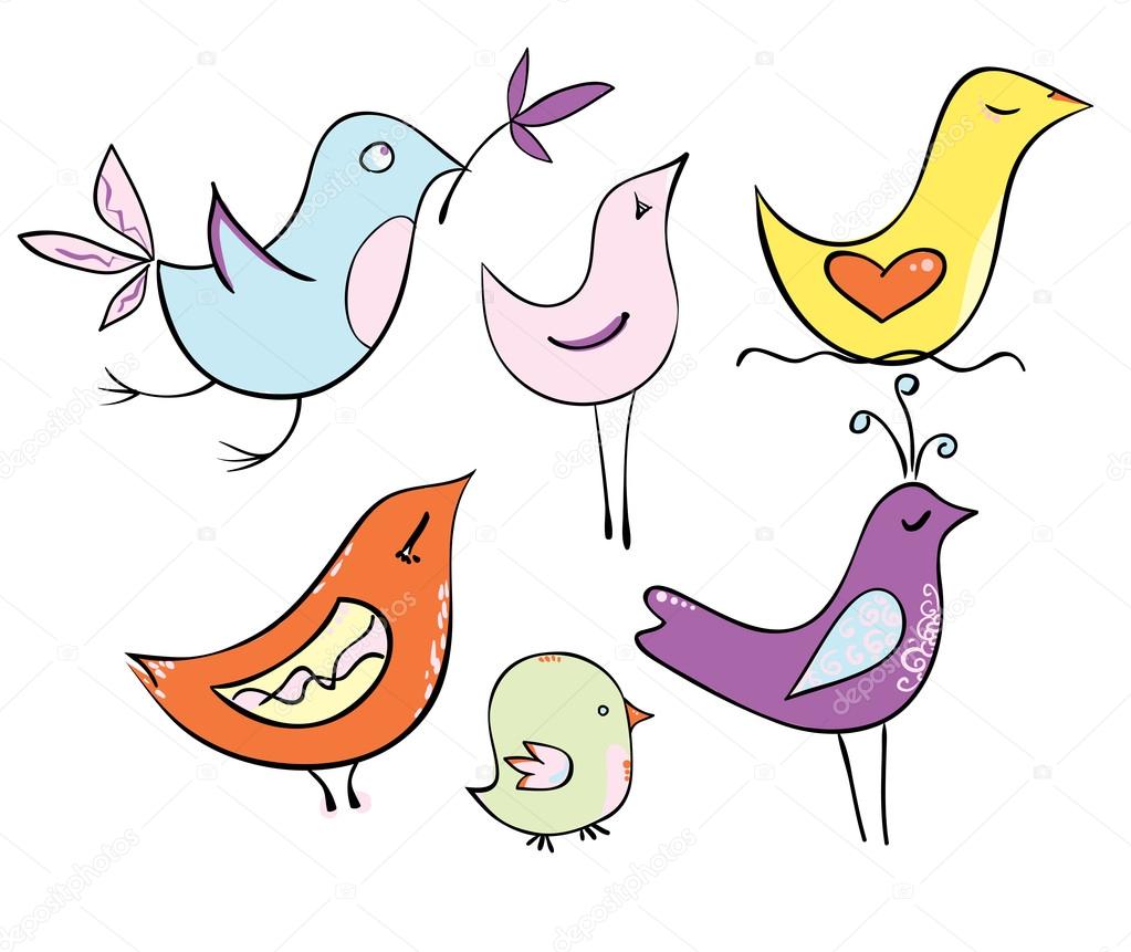 Set very lovely cartoon birds in pastel colors