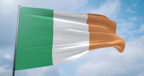 Vlnící se vlajky světa - vlajka Irska. Výstřel s mělkou hloubkou pole, selektivní zaměření. 3D ilustrace. — Stock video