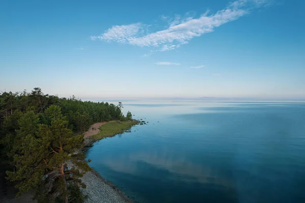 Summertime imagery of Lake Baikal in morning is a rift lake located in southern Siberia, Russia. Baikal lake summer landscape view. Drones Eye View. — Stock Photo, Image