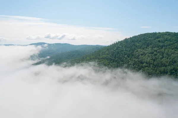 Dağların tepesinde bulutlar arasında uçuyor. Yüksek tepeler, harika sabah güneşi, doğal manzara. — Stok fotoğraf