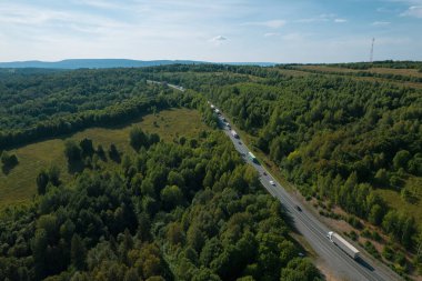 Güneşli bir yaz sabahında çam ağaçlarıyla yeşil ağaçlar arasındaki hava manzaralı yol. Sibirya, Rusya 'da doğa manzarası. Kozalaklı bir ormandan geçen bir yol, İHA 'dan havadan çekilen bir görüntü..