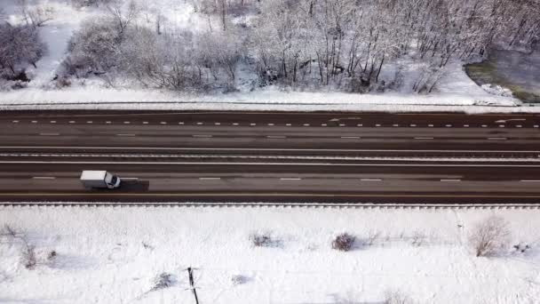 Zima czas antena góra w dół widok śnieżnej drogi otoczony sosnowym lasem — Wideo stockowe