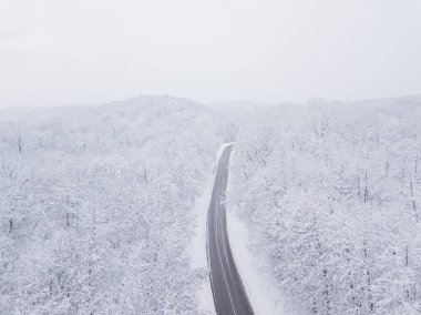 Drones Eye View - Güney Rusya 'daki yüksek dağ geçidinden gelen kış virajı yolu. Yoğun ormanda harika bir yolculuk..
