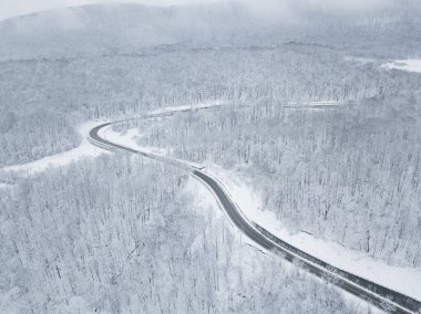 Drones Eye View - Güney Rusya 'daki yüksek dağ geçidinden gelen kış virajı yolu. Yoğun ormanda harika bir yolculuk..