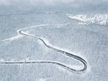 Drones Eye View - Güney Rusya 'daki yüksek dağ geçidinden gelen kış virajı yolu. Yoğun ormanda harika bir yolculuk..