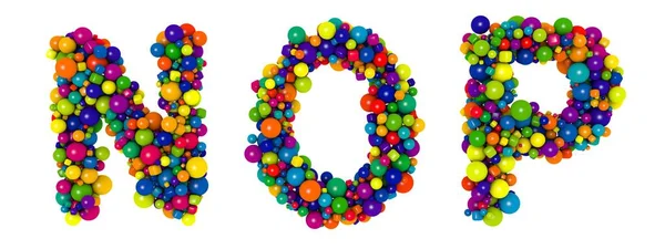 Veelkleurige letters N O P. Grappige 3D illustratie. Glanzende veelkleurige decoratieve ballen tekst. — Stockfoto