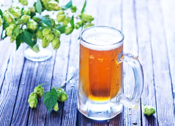 Beer in glass and fresh hops — Stock Photo, Image