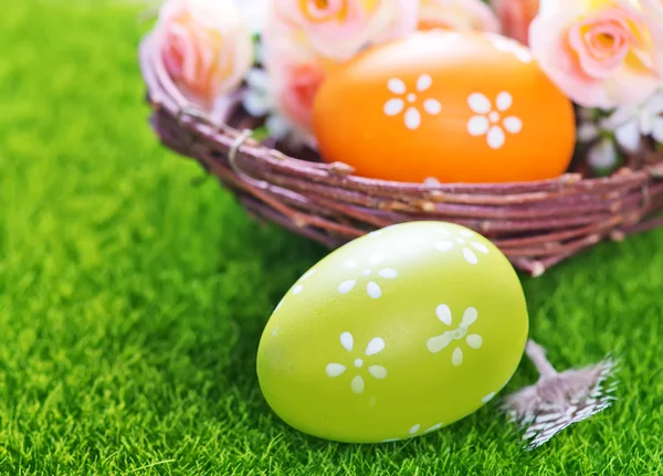 Huevos de Pascua en el nido y rosas — Foto de Stock