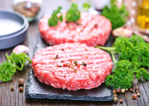 Raw burgers on plate — Stock Photo, Image