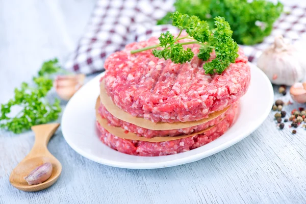 Rå hamburgare på tallrik — Stockfoto