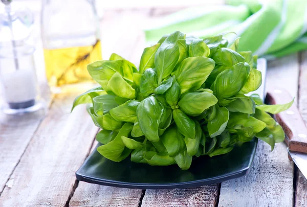 Fresh basil on black plate — Stock Photo, Image