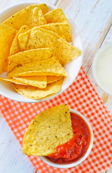 Nachos with tomato sauce — Stock Photo, Image