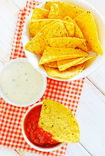 Nachos with tomato sauce — Stock Photo, Image