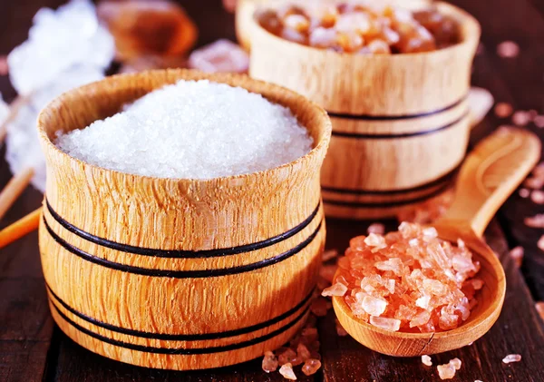 Sugar in wooden bowls and spoon — Stock Photo, Image