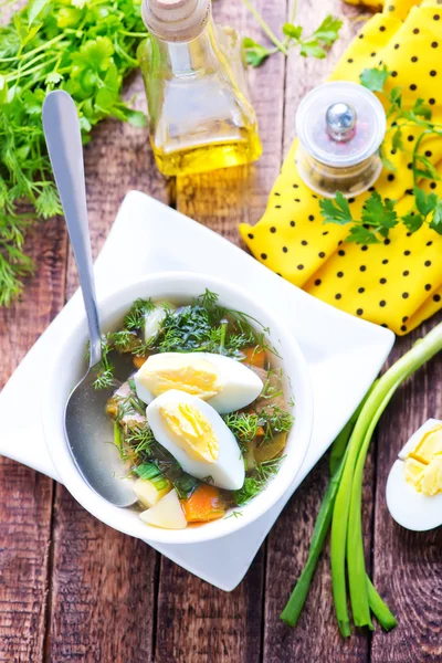 Green soup with boiled egg — Stock Photo, Image