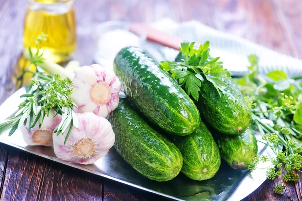 Fresh cucumbers and garlic — Stock Photo, Image